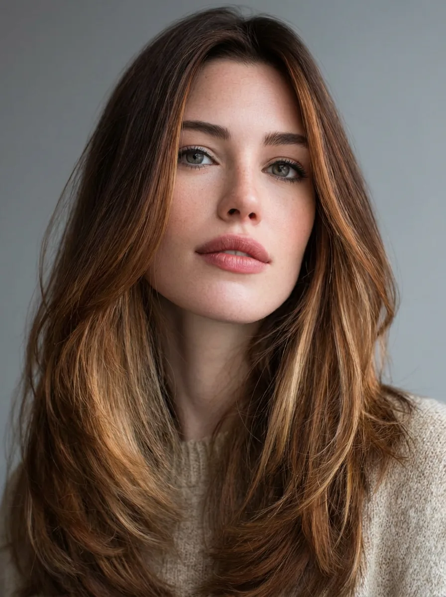 Warm Caramel Brown Long Layers with Lush Waves